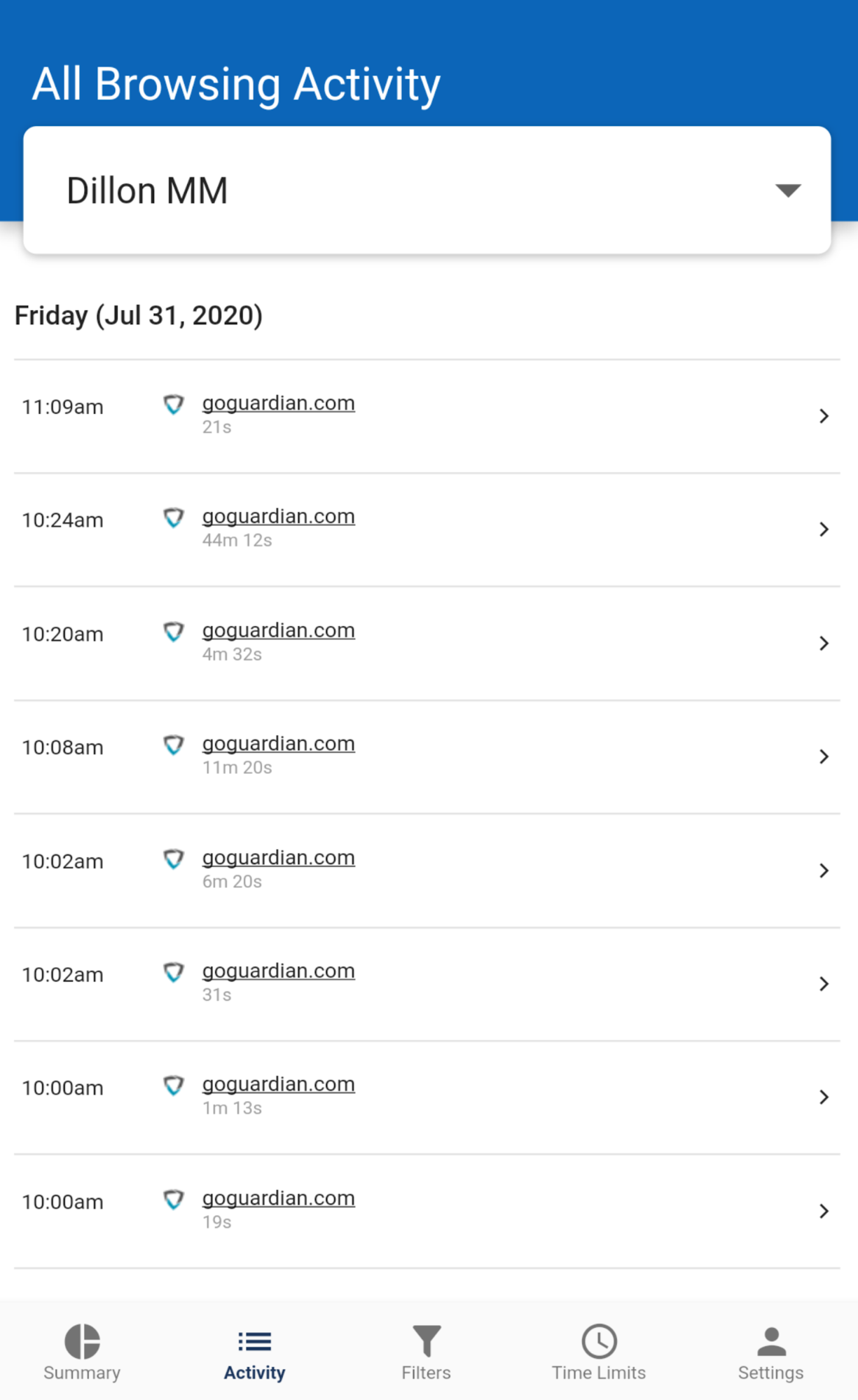 Student's browsing activity in the GoGuardian app interface