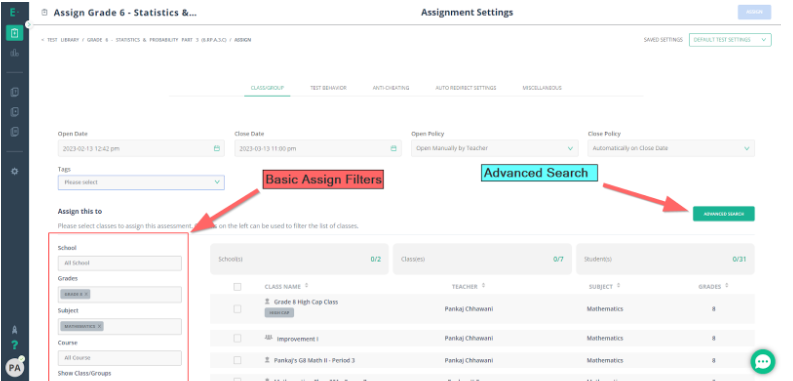 search for assignments show by