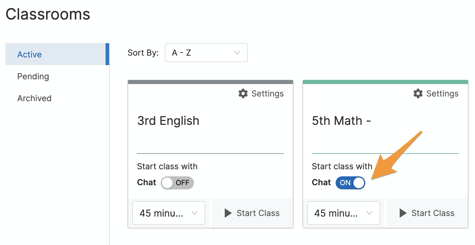 GoGuardian Teacher class tiles highlighting the "Start class with Chat" button set to On